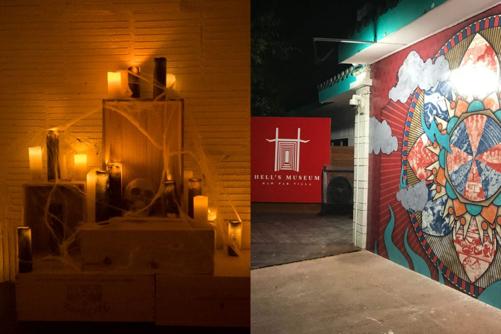 candles and cobwebs next to image of hell's museum facade in singapore