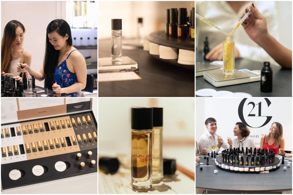 collage of photos at a perfume workshop showing vials, perfumes and people creating their own perfume