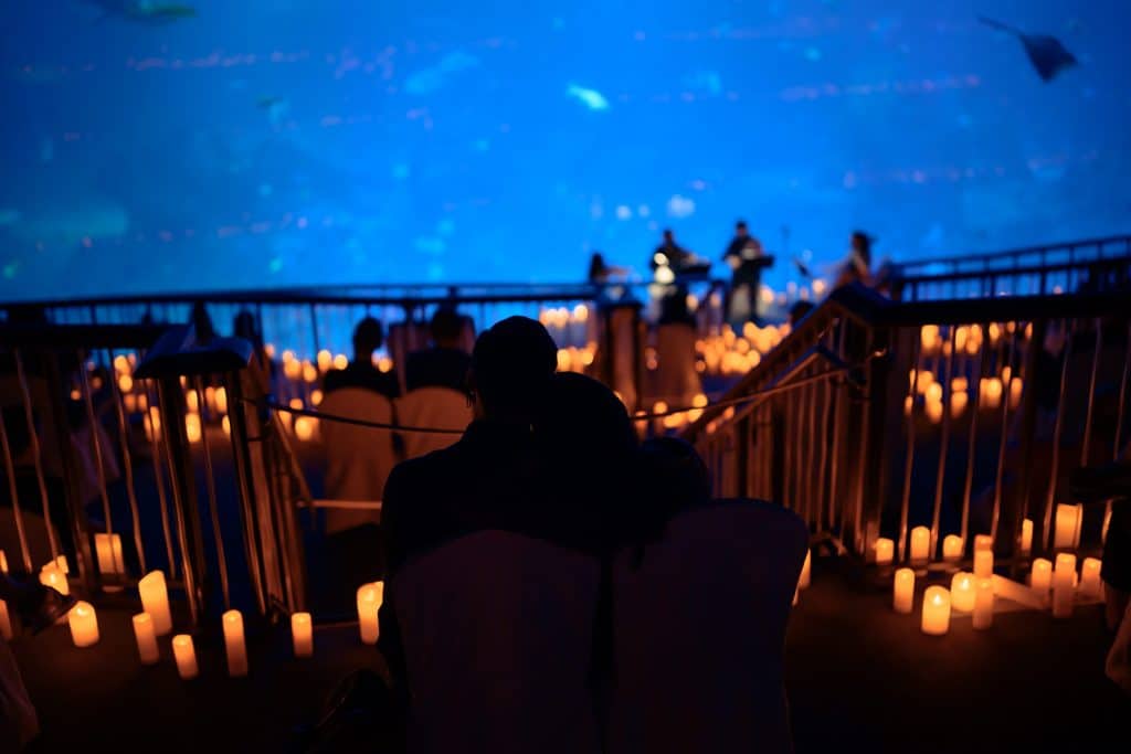 silhouette of couple hugging in front of candles and mammoth aquarium 