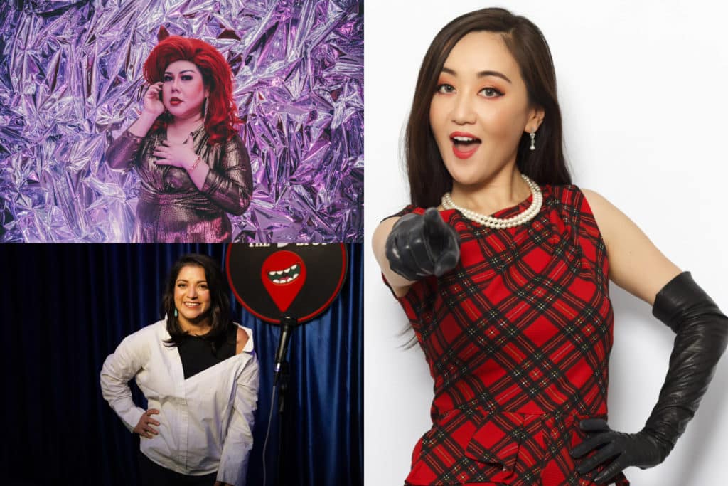 promo shots of three women comedians, Aditi Mital, Yumi Nagashima, and Joanne Kam