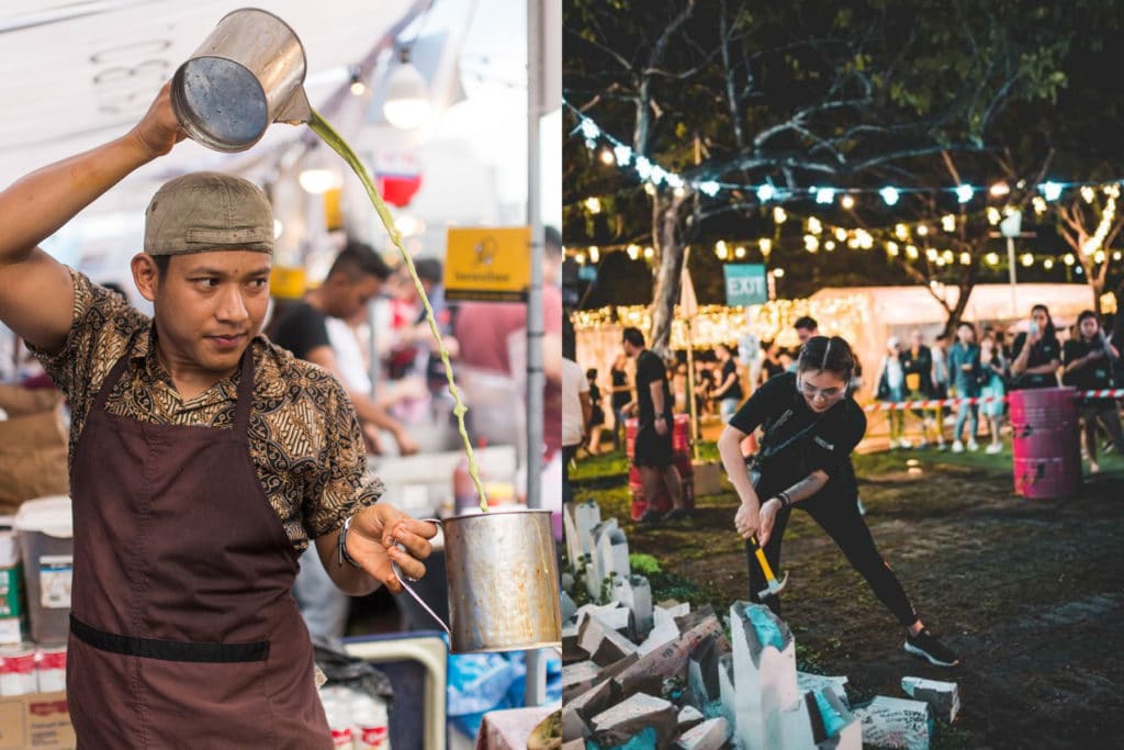 two images, man pouring hot liquid drink from one jug to another at height and second image of woman smashing or sculpting rock at artbox singapore