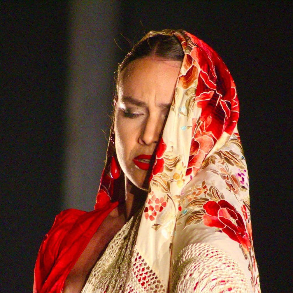 Paula Rodríguez, a renowned flamenco artist performing in a passionate flamenco show.