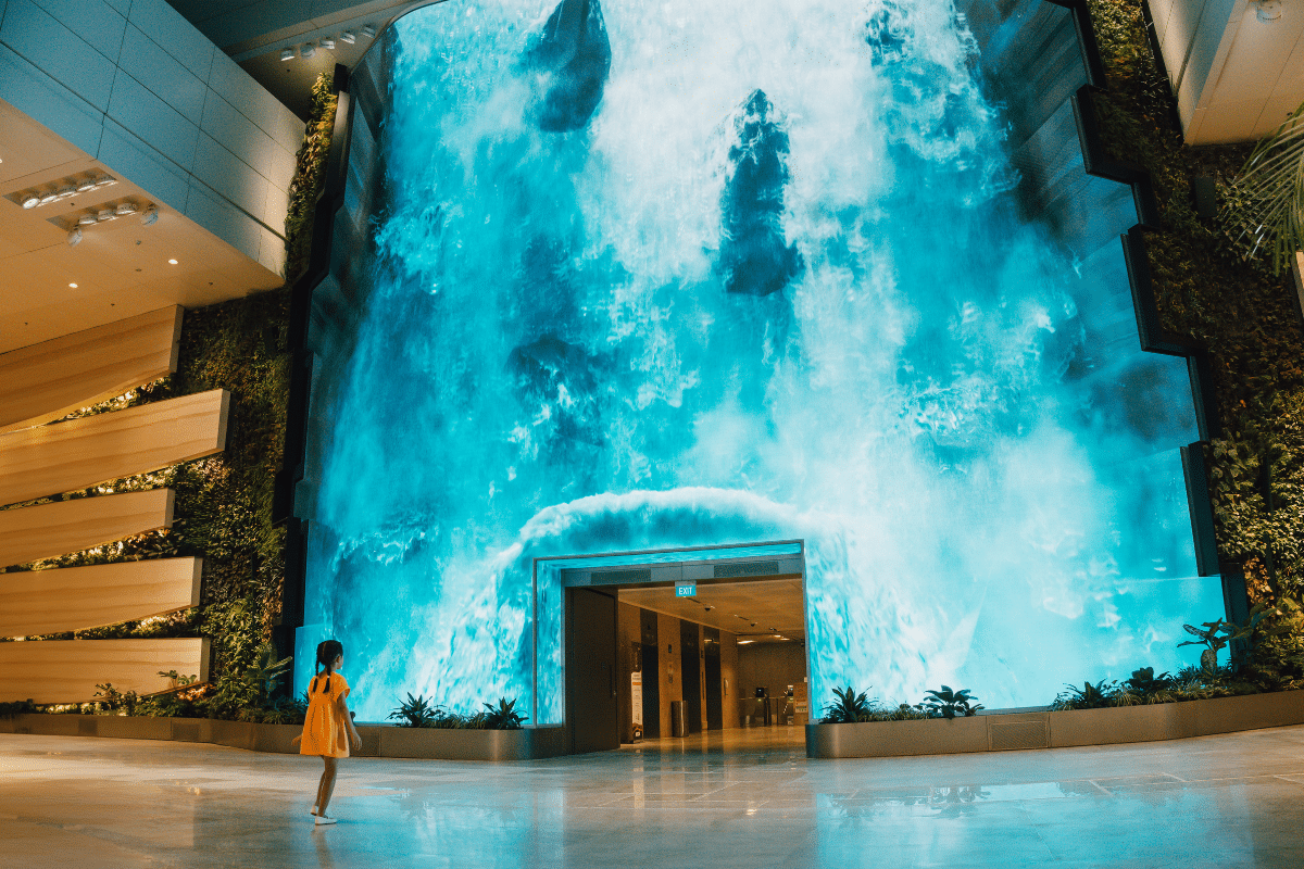 huge digital waterfall at Changi Airport Terminal 2